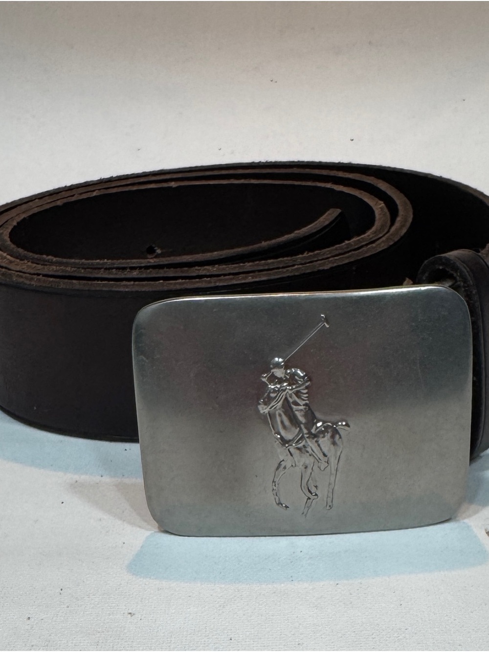 POLO RALPH LAUREN Pony Logo Plaque Buckle Vacchetta Leather Brown Belt 36”
